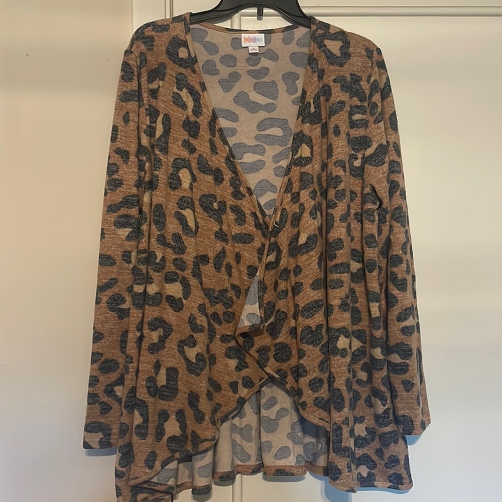 LuLaRoe Nanette open cardigan; very soft; animal print; ruffle back
